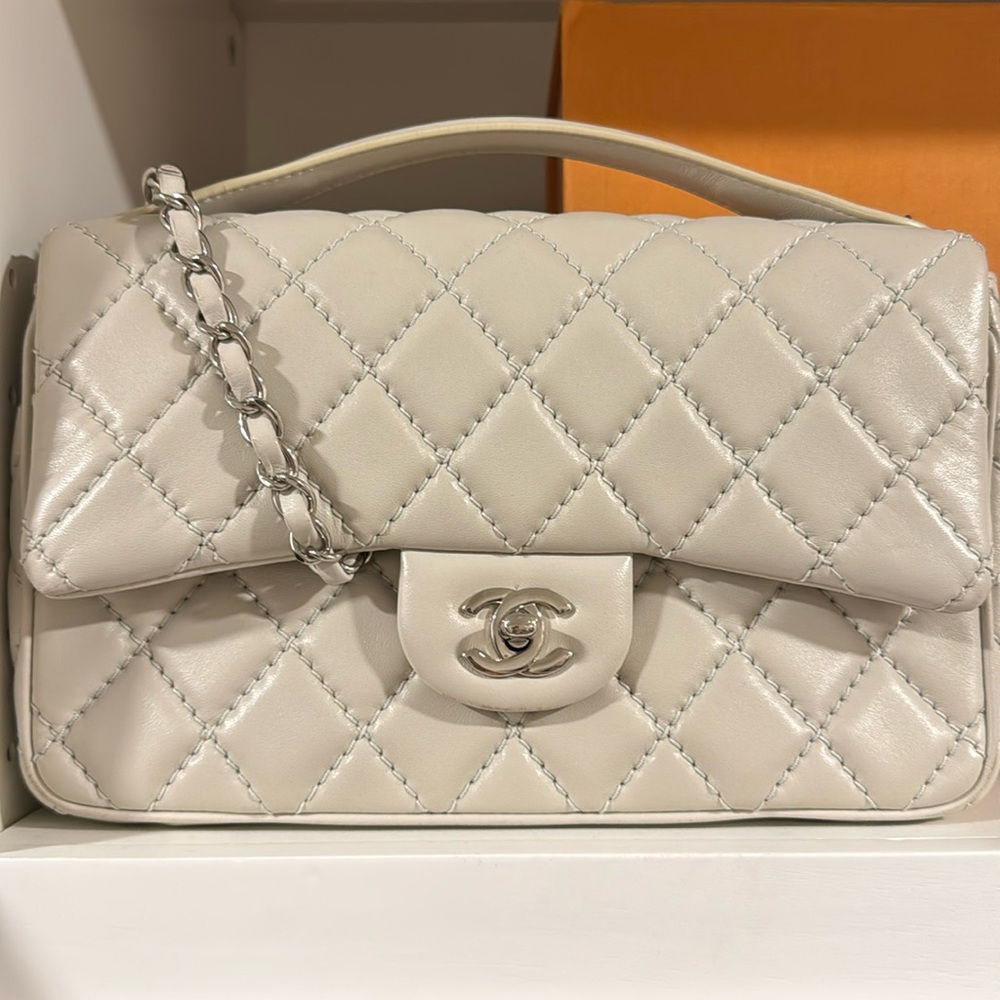 Gray Quilted Lambskin Mini Rectangular Classic Flap Bag